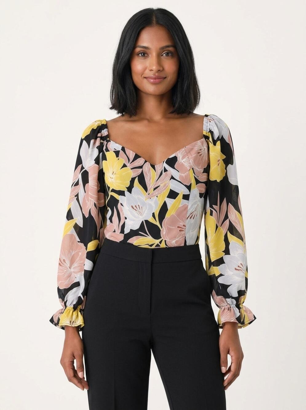 NWT Lulus Black Floral Chiffon Ruffle Bodysuit Women Size S